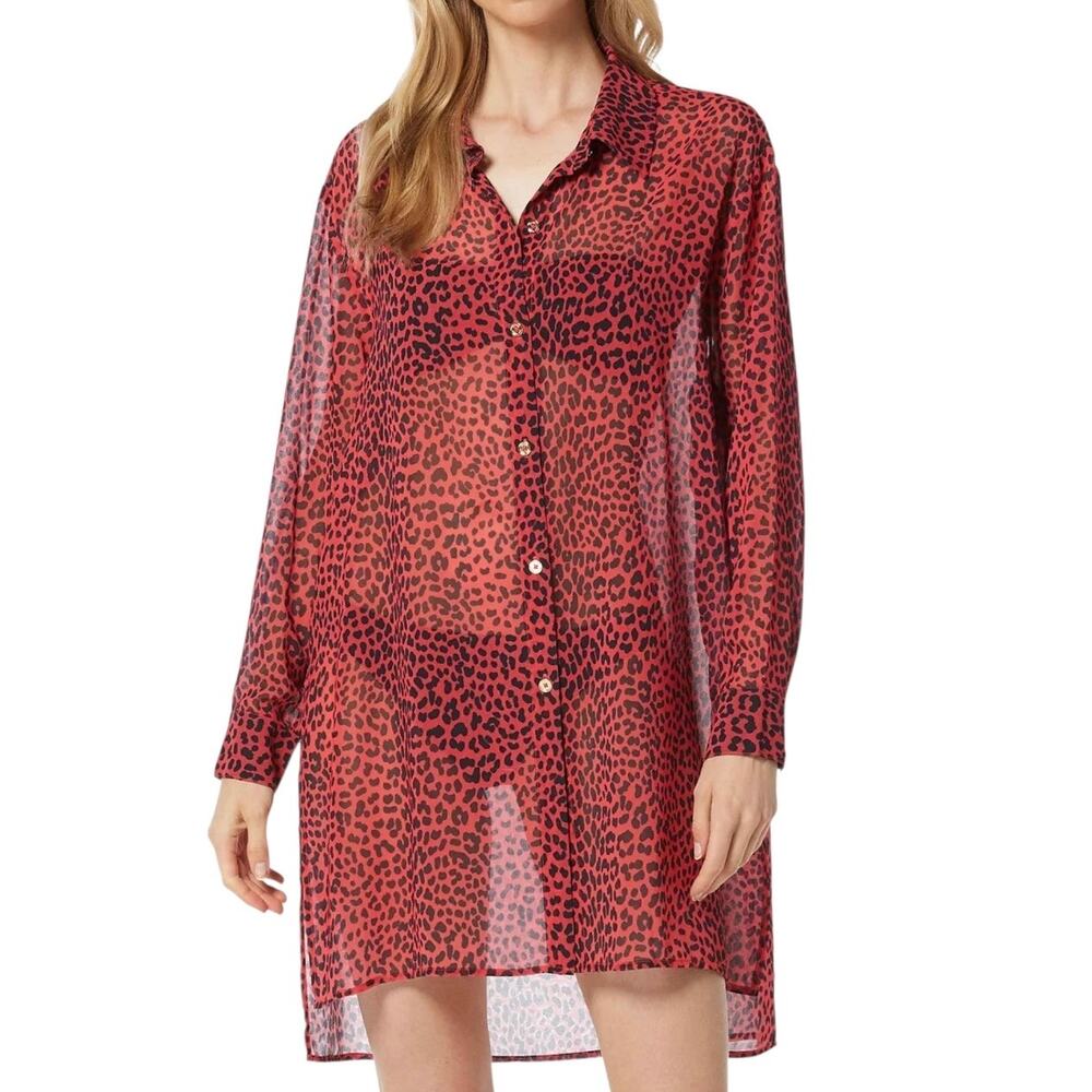 Michael Kors Women’s Animal Print Sheer Swimsuit Cover Up Shirt Red Size M